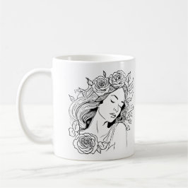 Mug Beauté de sommeil noir et blanc avec des fleurs mu