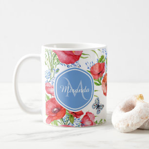 Mug Beaux pavots rouges avec les papillons bleus et le