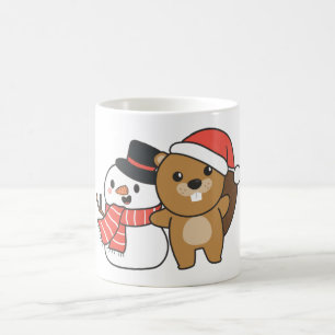 Mug Beaver With Snowman In Winter At Christmas
