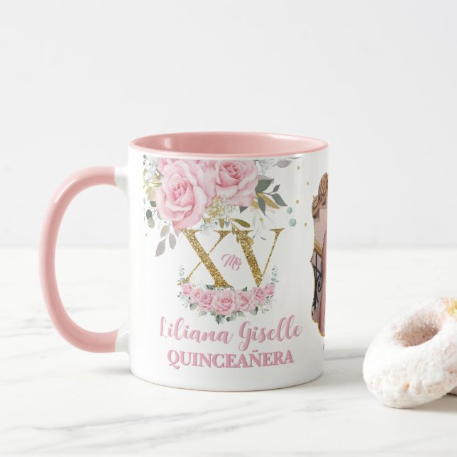 Mug Bébé rose Floral XV QUINCEAÑERA Quince 15 Photo (Avec donut)