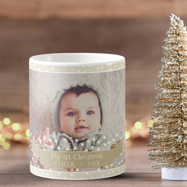 Mug Bébé`s premières Étoiles de Noël Ruban photo plein (Créateur téléchargé)