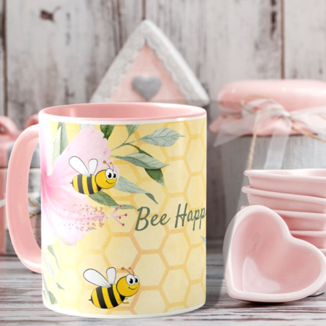 Mug Bee Happy bumble abeilles jaune nid d'abeille été (Créateur téléchargé)
