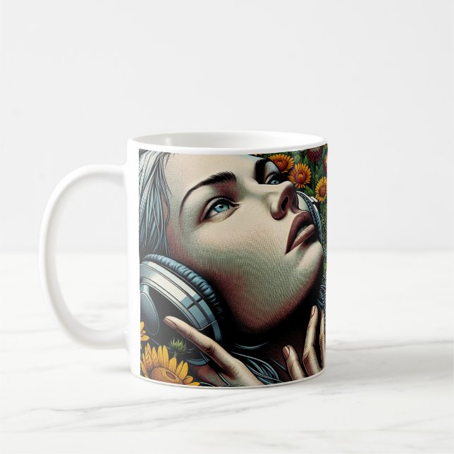 Mug Belle femme avec casque dans les tournesols (Gauche)