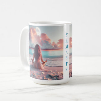 Mug Belle femme méditant sur la plage vierge