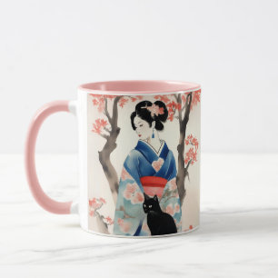 Mug Belle fille japonaise avec un chat noir