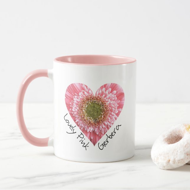 Mug Belle gerbera rose - Forme de coeur (Avec donut)