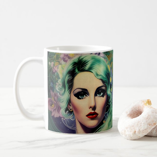 Mug Belle Lavande & Green Retro Style Space Woman (Avec donut)