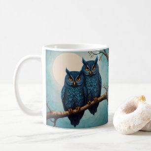 Mug Belle paire bleue de chouettes assise sur une bran