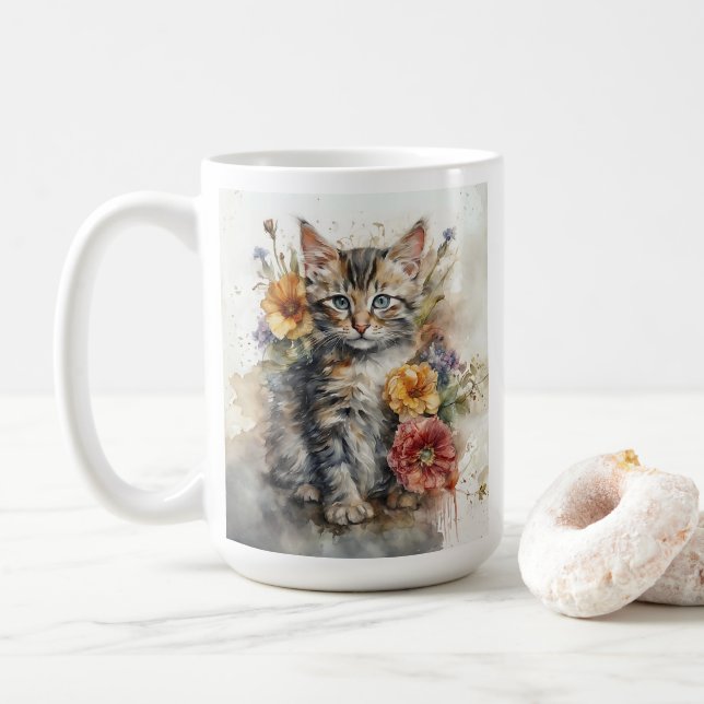 Mug Belle Tabby Gris Fleurs de Chat (Avec donut)
