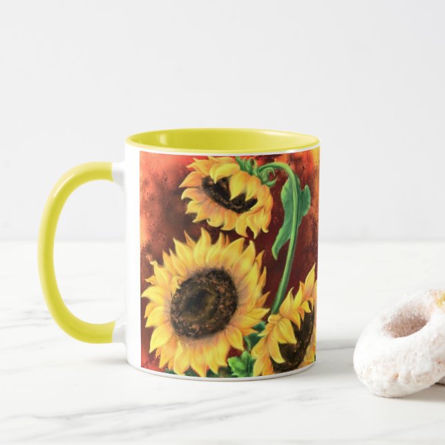 Mug Belle Trois Tournesols - Art Peinture Mignée - (Avec donut)