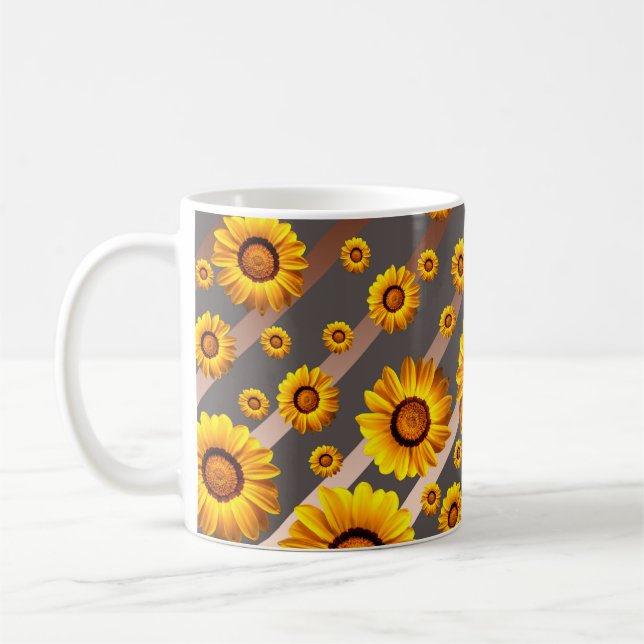Mug Belles fleurs jaunes sur gris, rayures marron (Gauche)