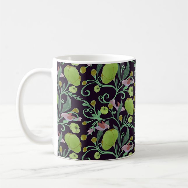 Mug Belles fleurs vertes, vignes et oiseaux roses (Gauche)