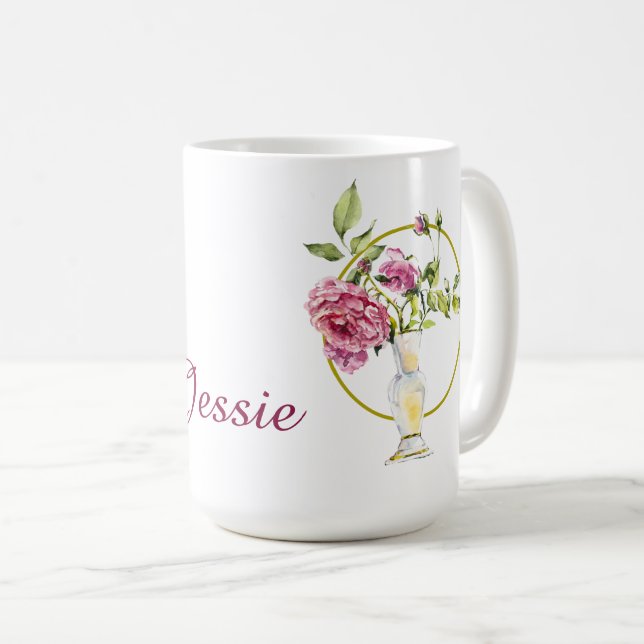 Mug Belles roses roses et vase roses (Devant droit)