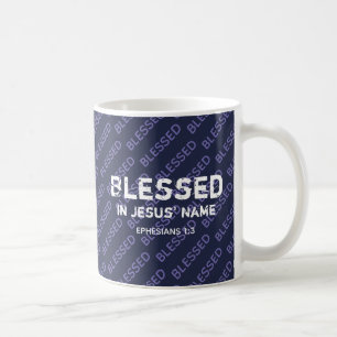 Mug BÉNÉFICIÉ AU NOM DE JÉSUS Écriture chrétienne Bleu