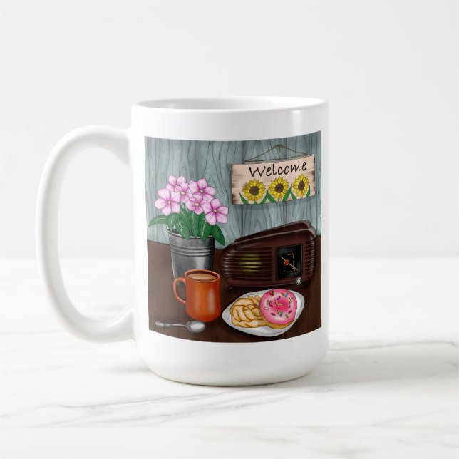 Mug Bienvenue, tournesols, beignets et café (Gauche)
