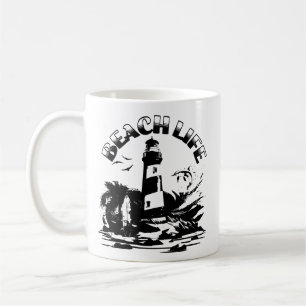 Mug Black and White Lighthouse Beach Life
