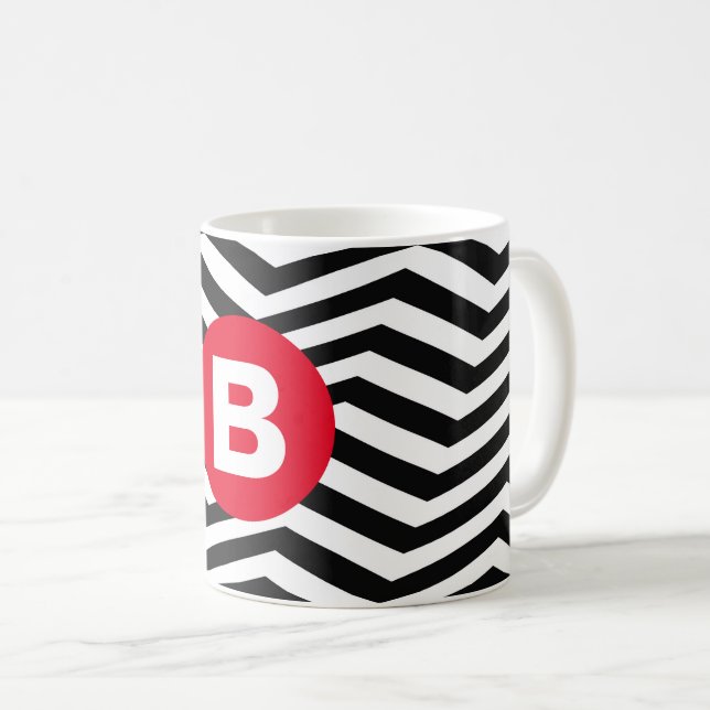 Mug Black and White Zig Zag Pattern Red Monogram (Devant droit)