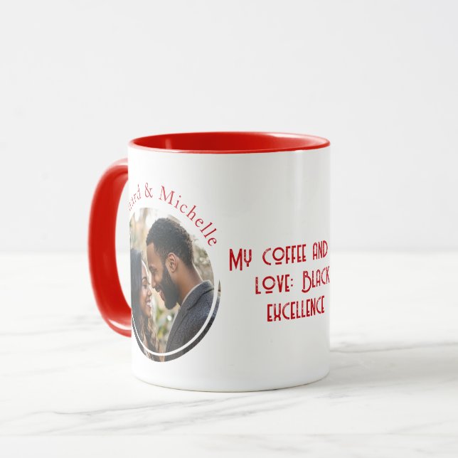 Mug Black excellence love Quote Custom Photo Names red (Devant gauche)