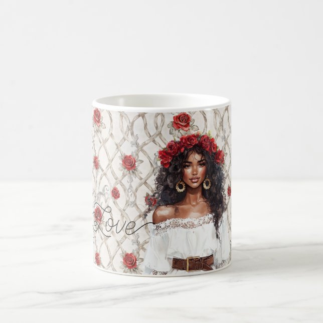 Mug Black Female Roses Wreath Faux Wood Floral Love (Centre)