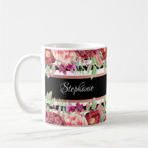 Mug Black Stripe Bourgogne Floral Nom personnalisé