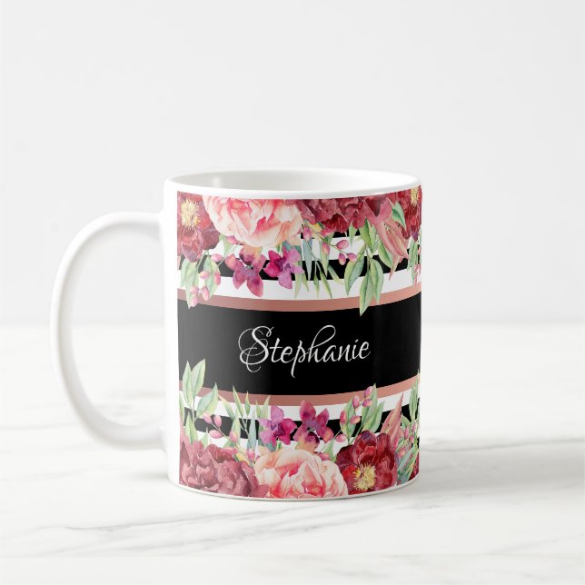 Mug Black Stripe Bourgogne Floral Nom personnalisé (Gauche)