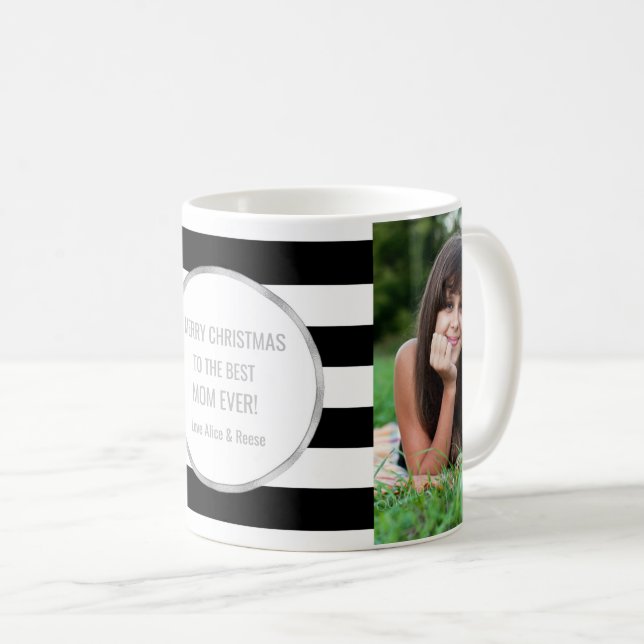 Mug Black Stripes Silver Photo Meilleur Noël de maman (Devant droit)