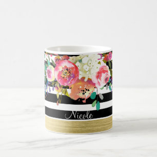 Mug Black White Gold Floral Moderne Glam Chic Custom