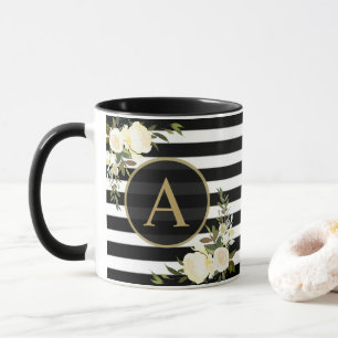 Mug Blanc de noir de monogramme d'or de ROSES BLANCS