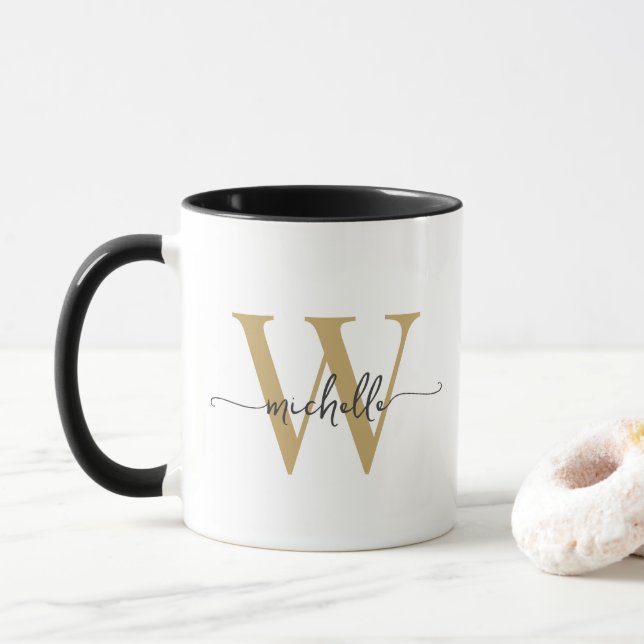 Mug Blanc et Or Élégant Nom Monogramme Script (Avec donut)