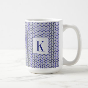 Mug Blanc Grand Tissu Tricot BLEU GRIS + Initiale