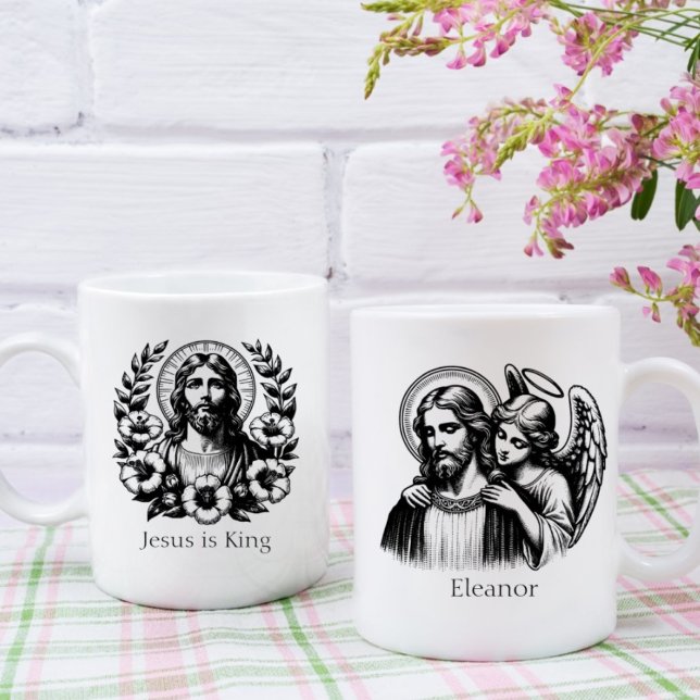 Mug Blanc noir Floral Jésus Christ Guardian Angel (Créateur téléchargé)