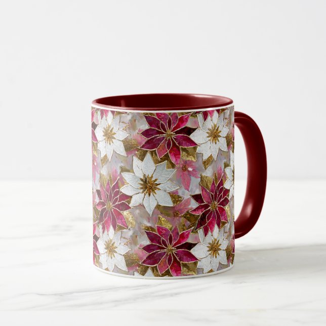 Mug Blanc Or Bourgogne rose Poinsettias de Noël (Devant droit)