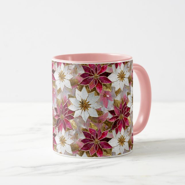 Mug Blanc Or Bourgogne rose Poinsettias de Noël (Devant droit)