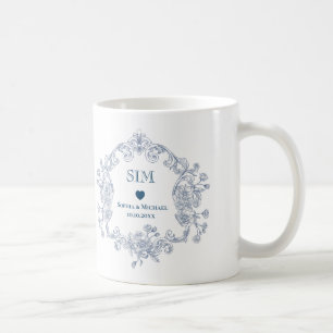Mug Blason Floral Bleu Mariage I Monogramme et Initial