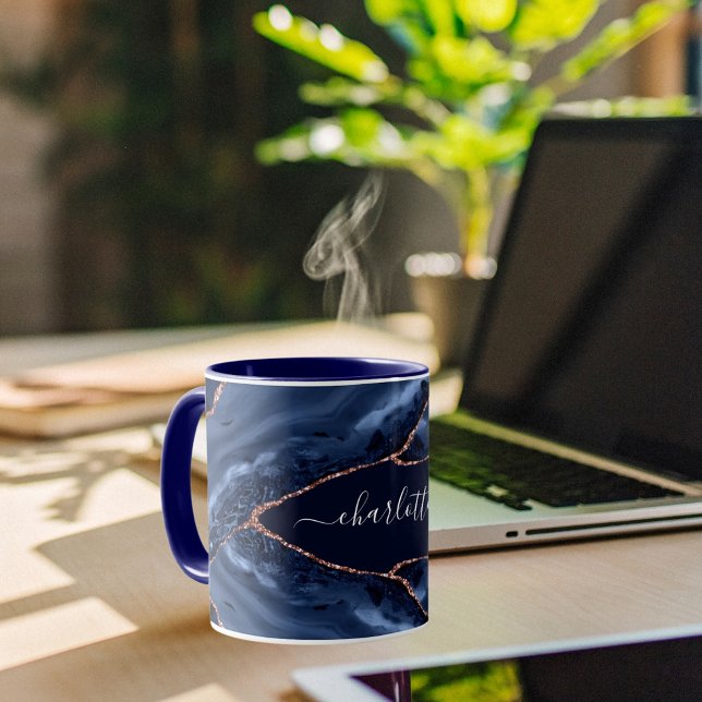 Mug Bleu agate marbre rose or nom script (Créateur téléchargé)