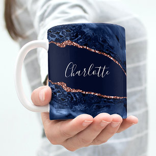 Mug Bleu agate marbre rose or nom script