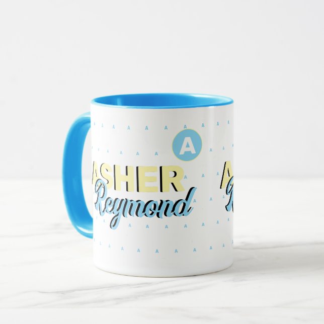 Mug bleu avec nom | monogramme moderne rétro (Devant gauche)