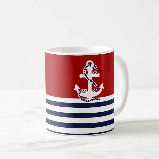 Mug Bleu blanc de la marine et Ancre blanche (Devant droit)