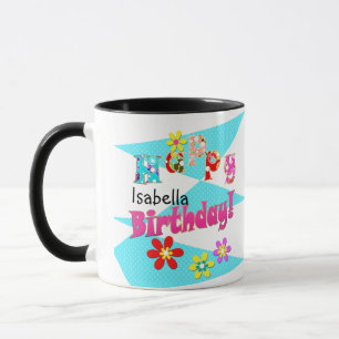 Mug Bleu clair blanc rose enfants amusant fleurs dessi