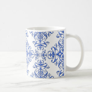Mug Bleu cobalt et blanc motif de style damassé floral
