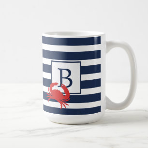 Mug Bleu de la Marine Nautique Bleu Stripes Crabe Roug