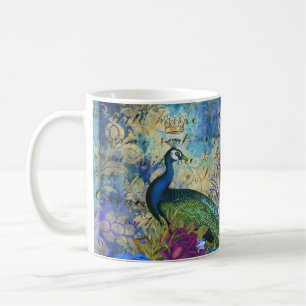 Mug Bleu de paon couronné et flore violette