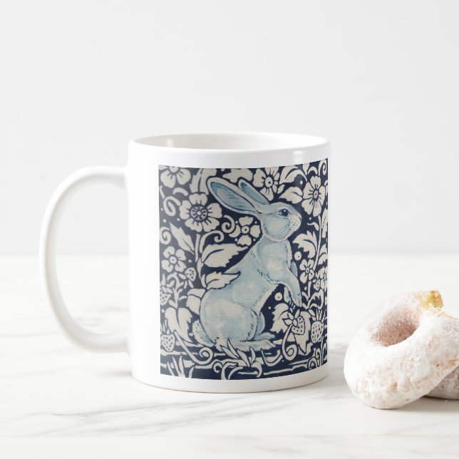 Mug Bleu et blanc Rabbit Peinture Bois Berry Floral (Avec donut)