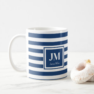 Mug Bleu et blanc Rayures nautiques Monogramme