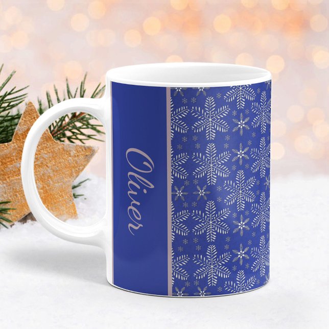 Mug Bleu et flocons d'argent Musique de Noël avec nom (Créateur téléchargé)