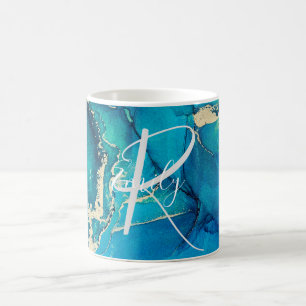 Mug Bleu et or Marbre Agate Nom Abstrait Monogramme