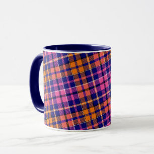 Mug Bleu marine rose orange carreaux design tartan 