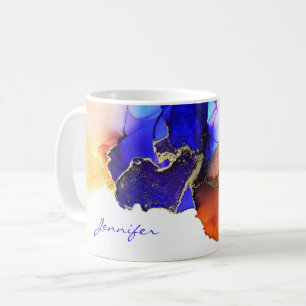 Mug Bleu Orange Or Abstrait Encre d'alcool nommé