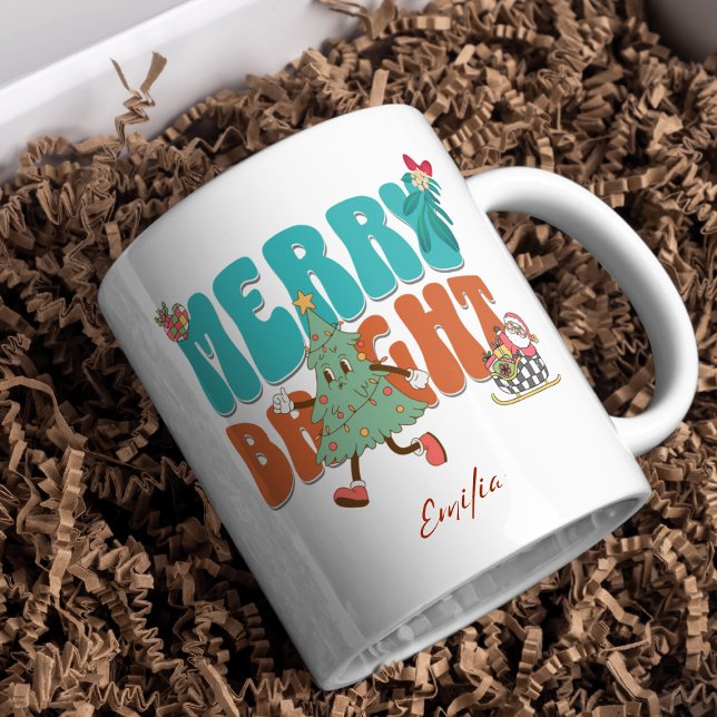 Mug Bleu Retro Joyeux Nom clair Arbre de Noël (Créateur téléchargé)