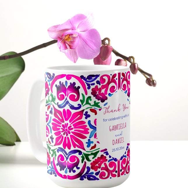 Mug bleu rose Majolica espagnol mexicaine en tuile de  (Pink blue Mexican Spanish Talavera tiles favor gift personalized mugs colorful modern watercolor)